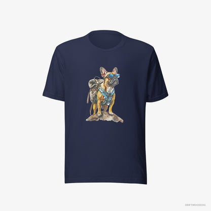 French Bulldog Exploring with a Backpack and Sunglasses Navy T-Shirt