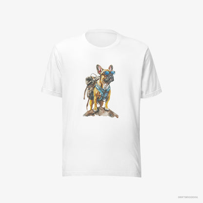 French Bulldog T-Shirt – Men White T-Shirt Eco-Friendly – Exploring with a Backpack and Sunglasses (on White Background)