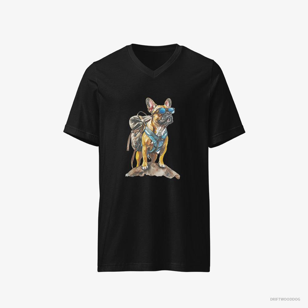 French Bulldog T-Shirt – Men Black T-Shirt V-Neck – Exploring with a Backpack and Sunglasses (on White Background)