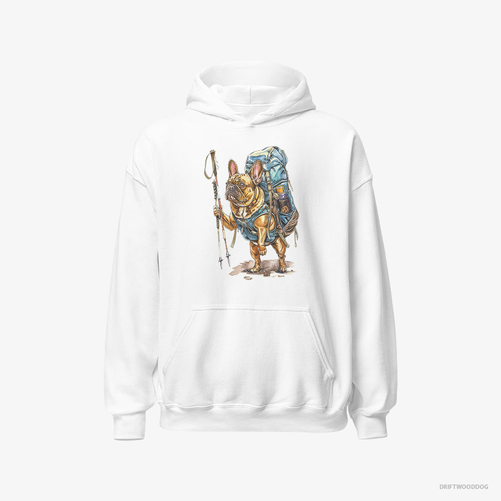 French Bulldog Hoodie – Women White Hoodie Classic – Backpacking Expedition (on White Background)