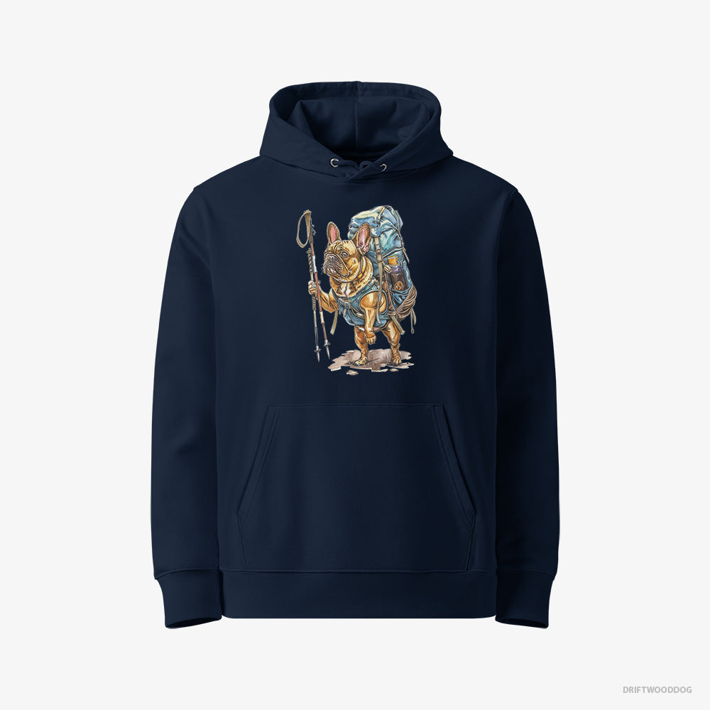 French Bulldog Hoodie – Men Navy Hoodie Eco-Friendly – Backpacking Expedition (on White Background)