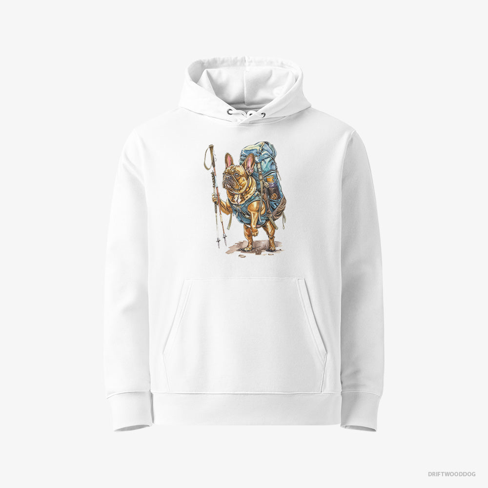 French Bulldog Hoodie – Men White Hoodie Eco-Friendly – Backpacking Expedition (on White Background)