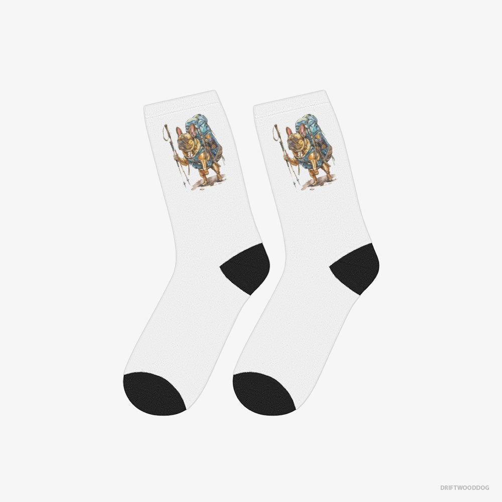 French Bulldog Socks – Unisex White Socks Classic – Backpacking Expedition (on White Background)