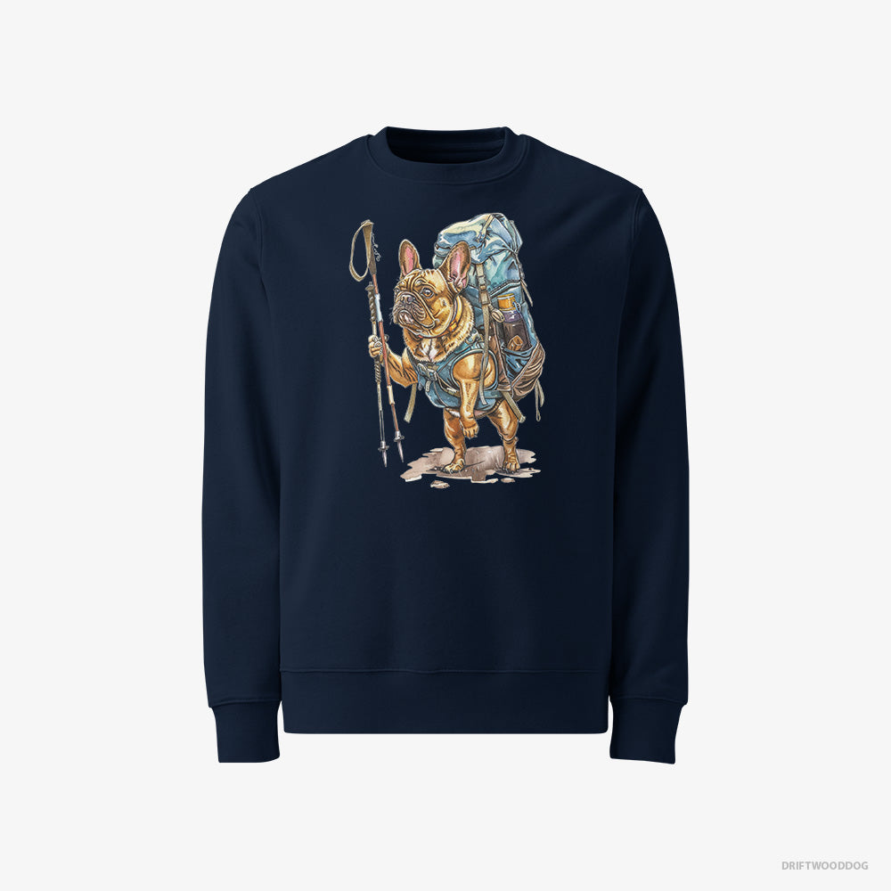 French Bulldog Sweatshirt – Men Navy Sweatshirt Classic – Backpacking Expedition (on White Background)