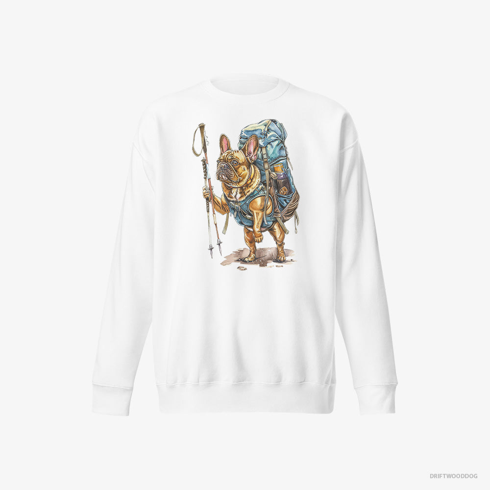 French Bulldog Sweatshirt – Men White Sweatshirt Eco-Friendly – Backpacking Expedition (on White Background)