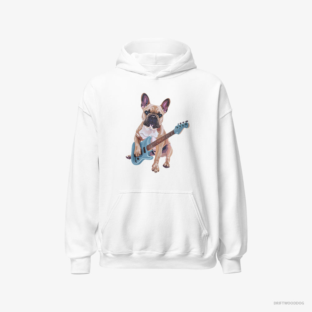 French Bulldog Hoodie – Men White Hoodie Classic – Playing Guitar (on White Background)