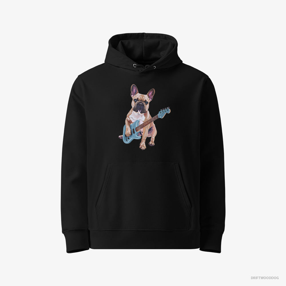 French Bulldog Hoodie – Women Black Hoodie Eco-Friendly – Playing Guitar (on White Background)