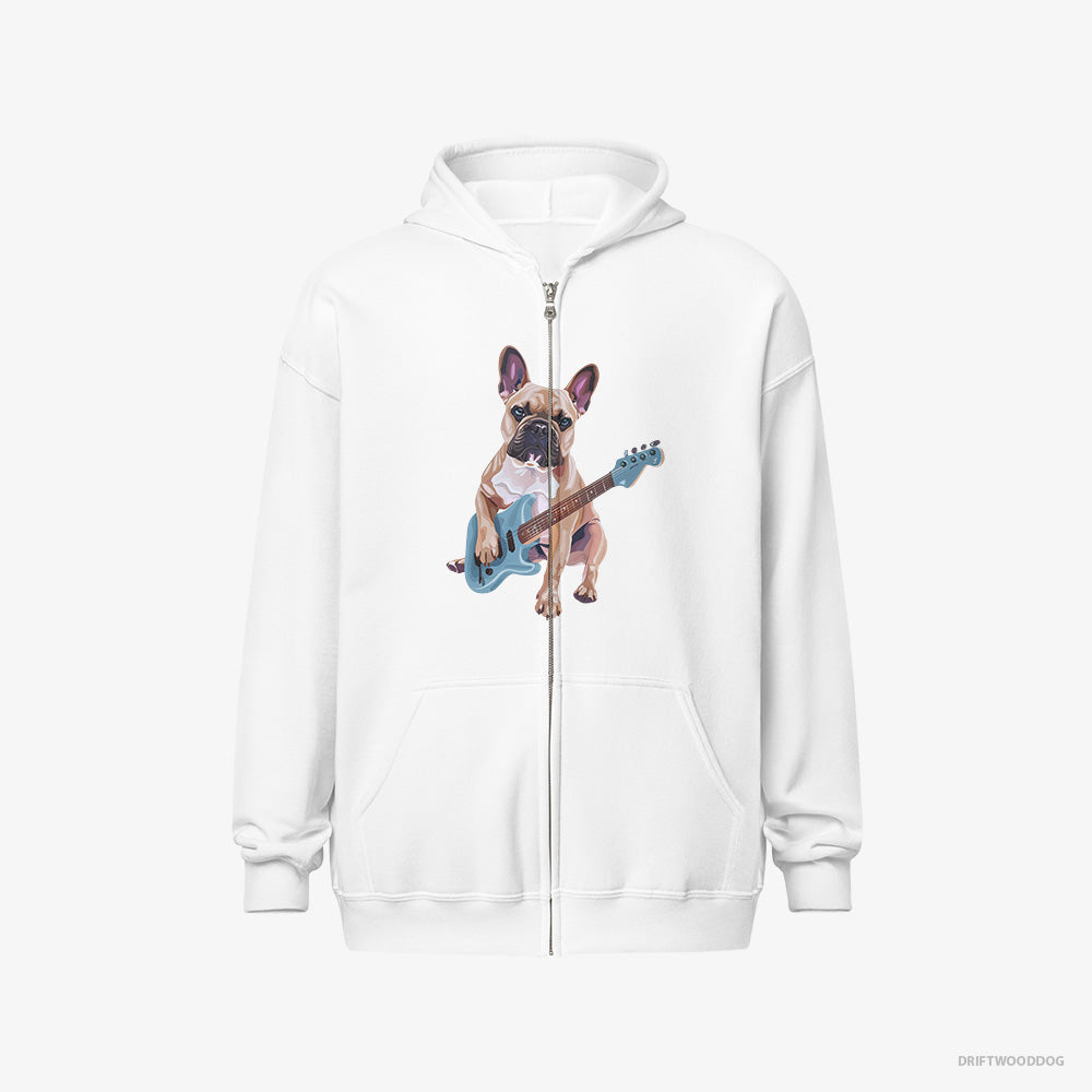 French Bulldog Hoodie – Men White Hoodie Full-Zip – Playing Guitar (on White Background)