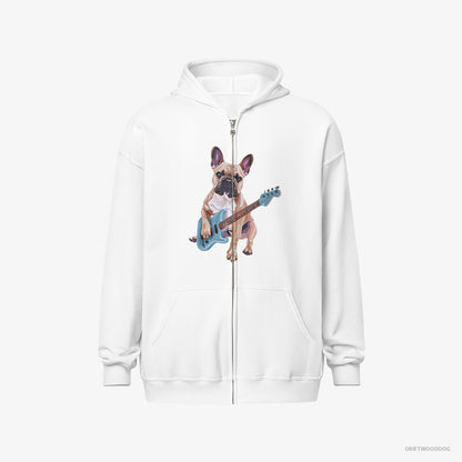 French Bulldog Hoodie – Men White Hoodie Full-Zip – Playing Guitar (on White Background)