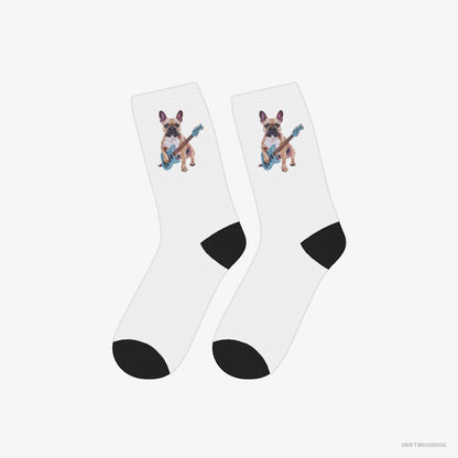 French Bulldog Socks – Unisex White Socks Classic – Playing Guitar (on White Background)