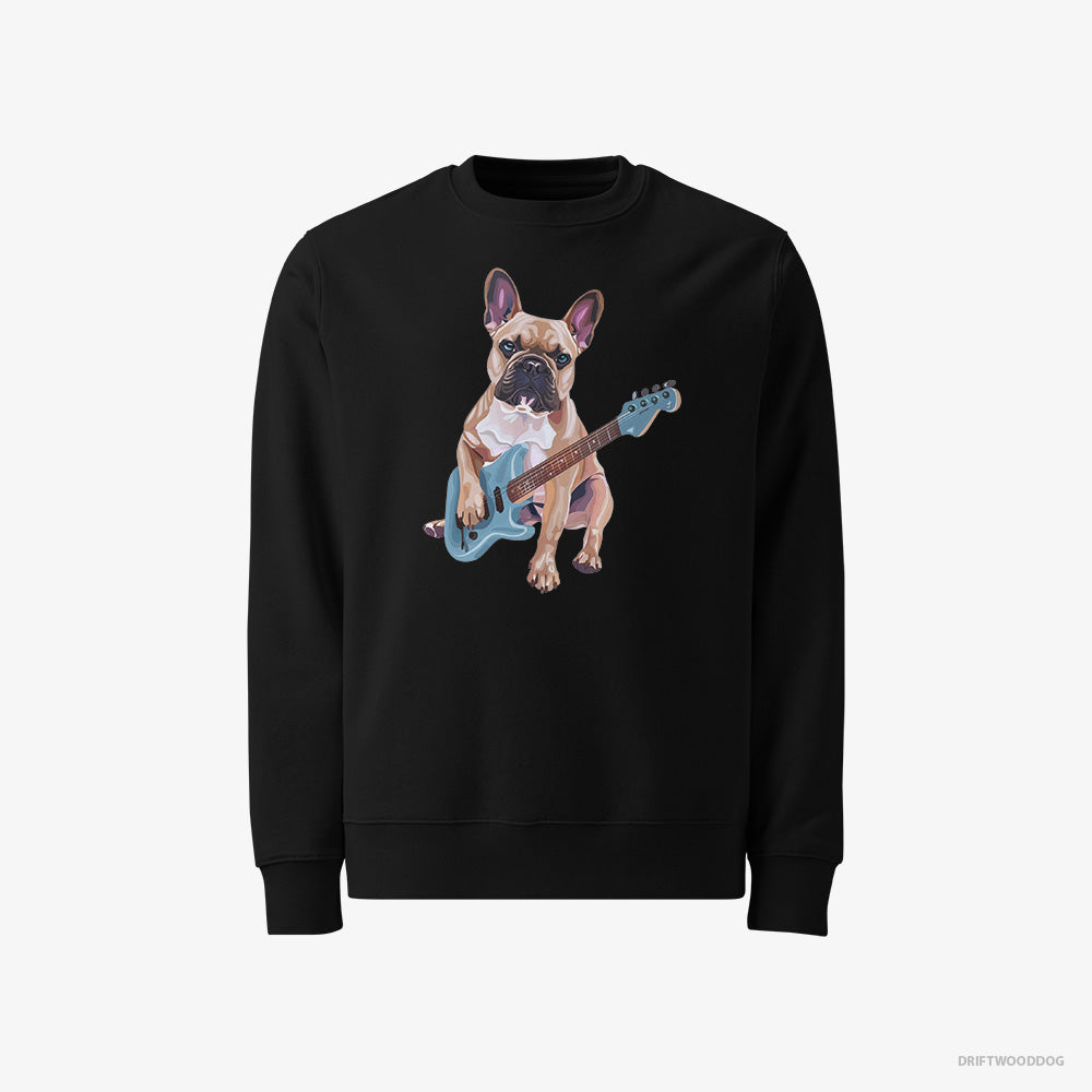 French Bulldog Sweatshirt – Men Black Sweatshirt Classic – Playing Guitar (on White Background)