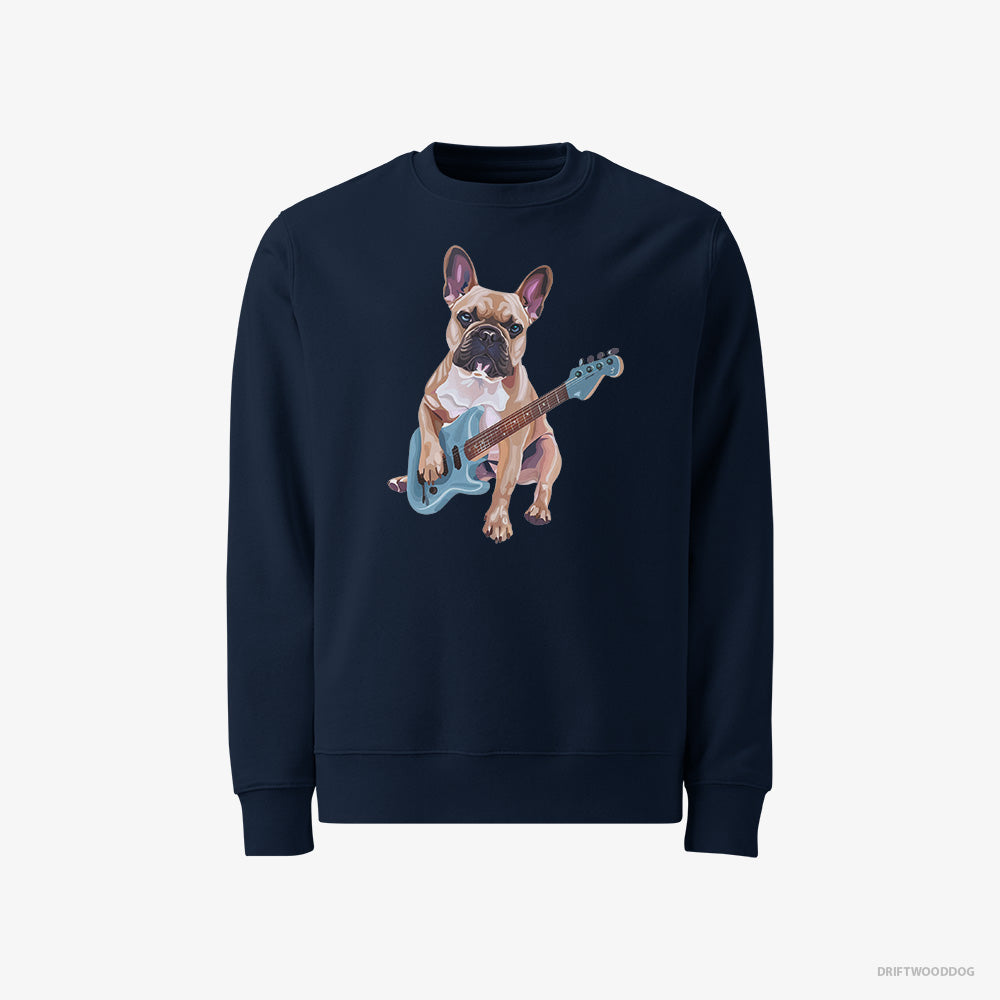 French Bulldog Sweatshirt – Men Navy Sweatshirt Classic – Playing Guitar (on White Background)