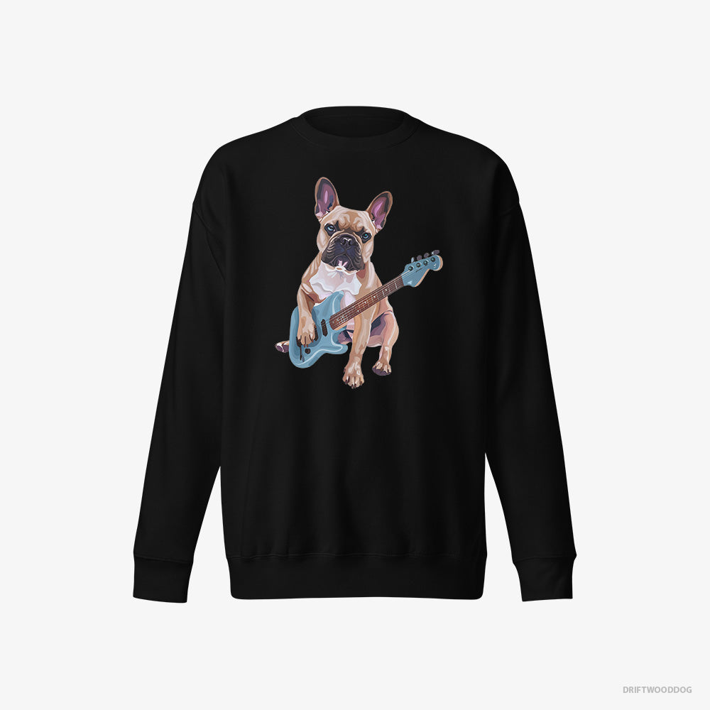 French Bulldog Sweatshirt – Women Black Sweatshirt Eco-Friendly – Playing Guitar (on White Background)