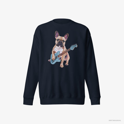 French Bulldog Sweatshirt – Men Navy Sweatshirt Eco-Friendly – Playing Guitar (on White Background)