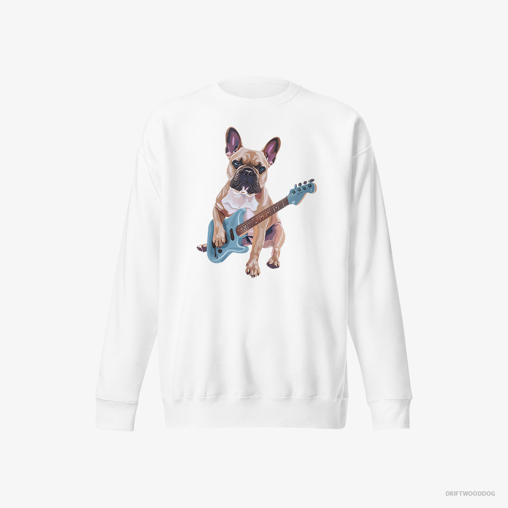 French Bulldog Sweatshirt – Men White Sweatshirt Eco-Friendly – Playing Guitar (on White Background)