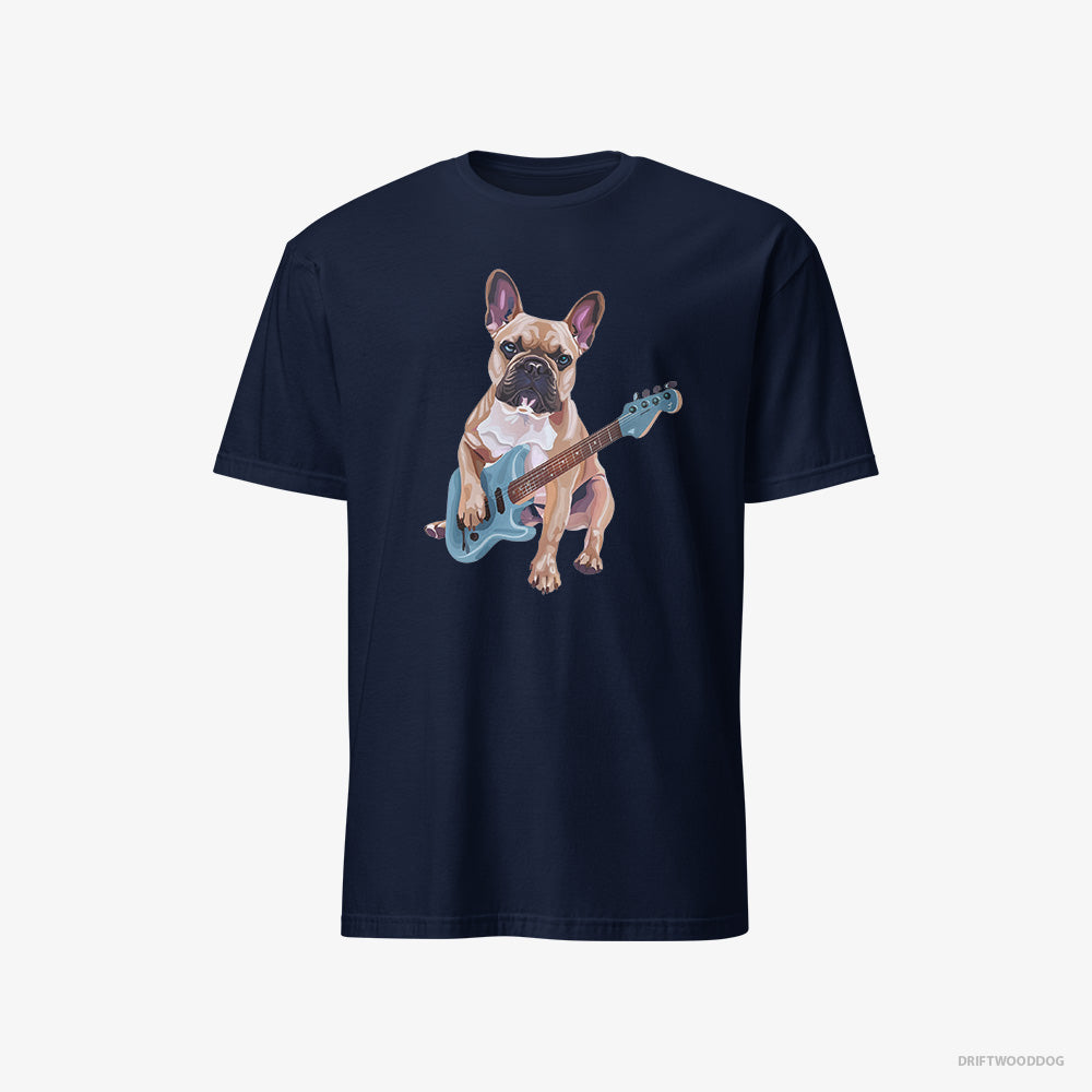 French Bulldog T-Shirt – Men Navy T-Shirt Classic – Playing Guitar (on White Background)