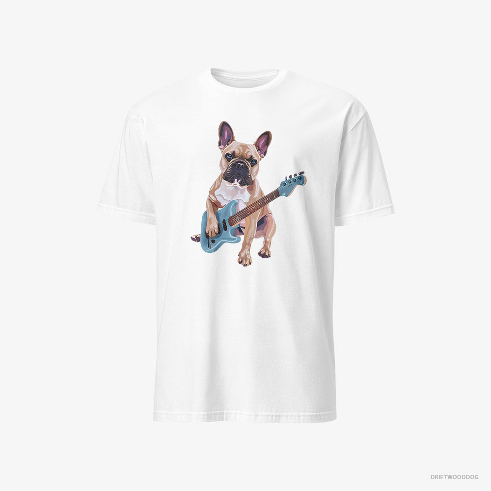 French Bulldog T-Shirt – Men White T-Shirt Classic – Playing Guitar (on White Background)