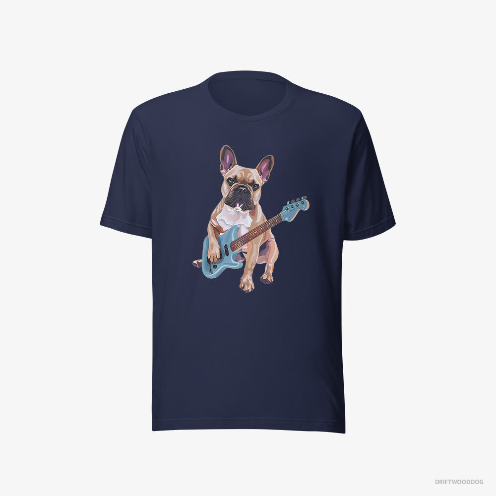 French Bulldog T-Shirt – Women Navy T-Shirt Eco-Friendly – Playing Guitar (on White Background)