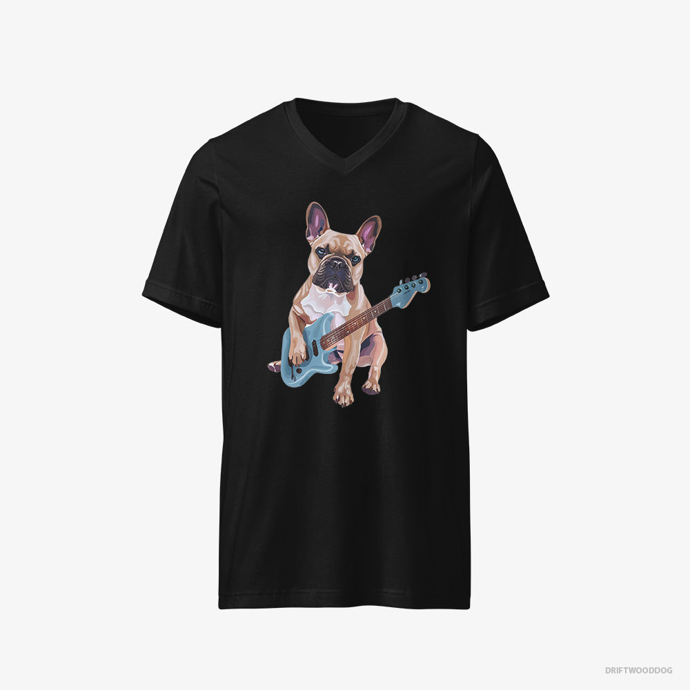 French Bulldog T-Shirt – Men Black T-Shirt V-Neck – Playing Guitar (on White Background)