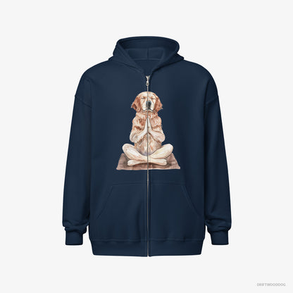 Golden Retriever Hoodie – Men Navy Hoodie Full-Zip – Meditating during Yoga (on White Background)