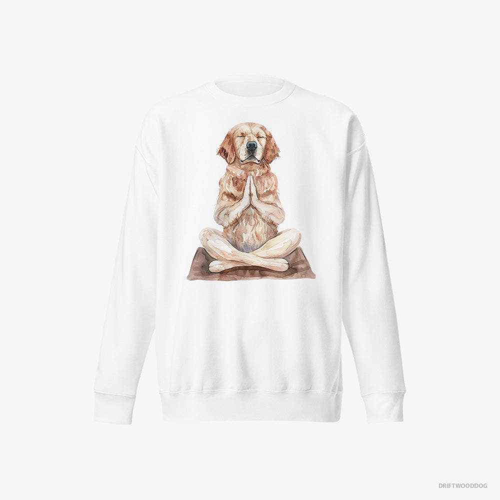 Golden Retriever Sweatshirt – Men White Sweatshirt Eco-Friendly – Meditating during Yoga (on White Background)