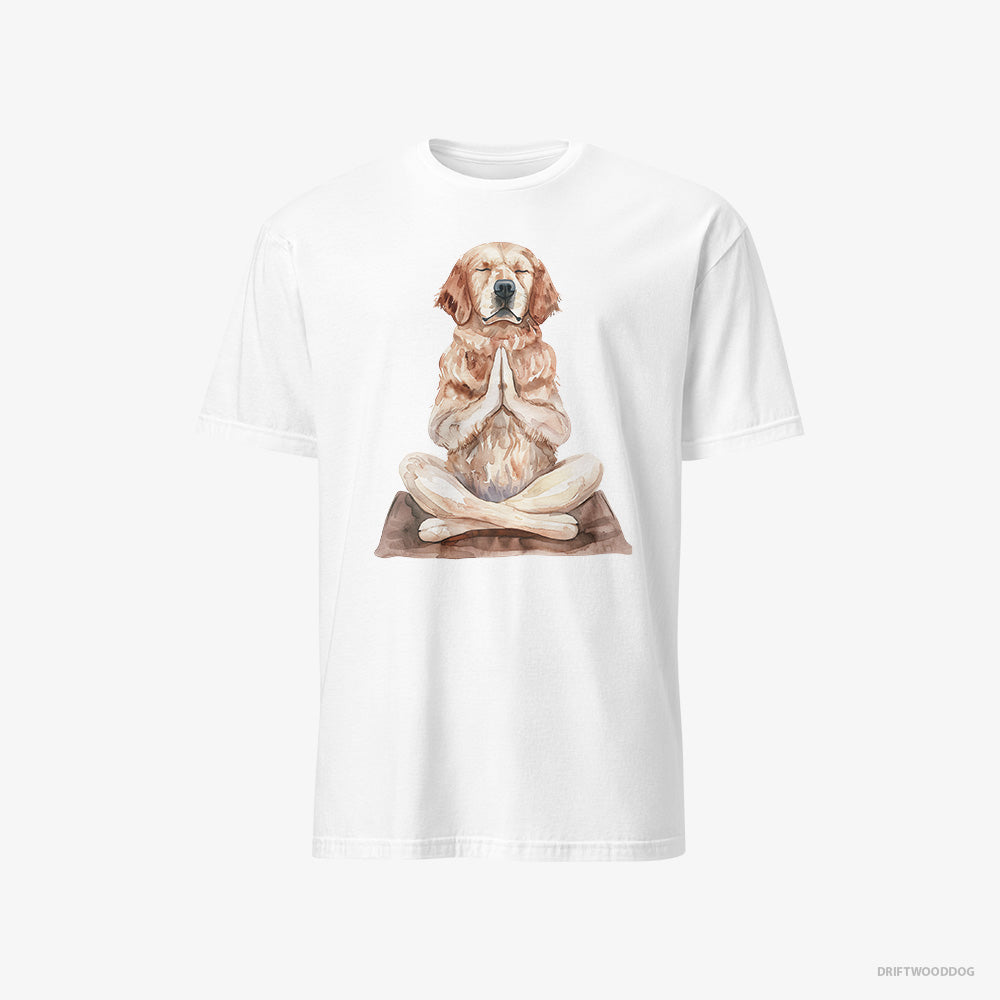 Golden Retriever T-Shirt – Men White T-Shirt Classic – Meditating during Yoga (on White Background)