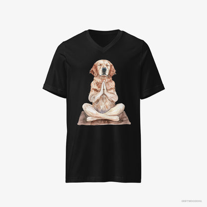 Golden Retriever T-Shirt – Men Black T-Shirt V-Neck – Meditating during Yoga (on White Background)