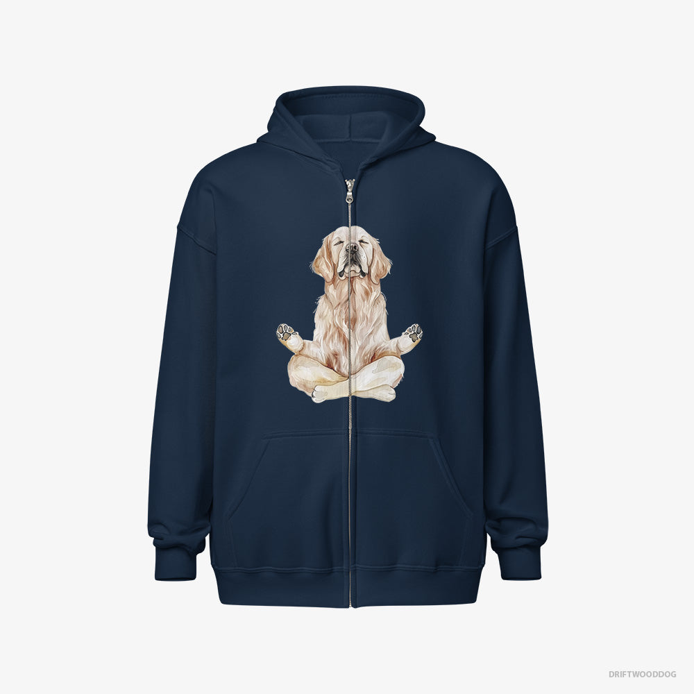 Golden Retriever Hoodie – Men Navy Hoodie Full-Zip – Doing Yoga (on White Background)