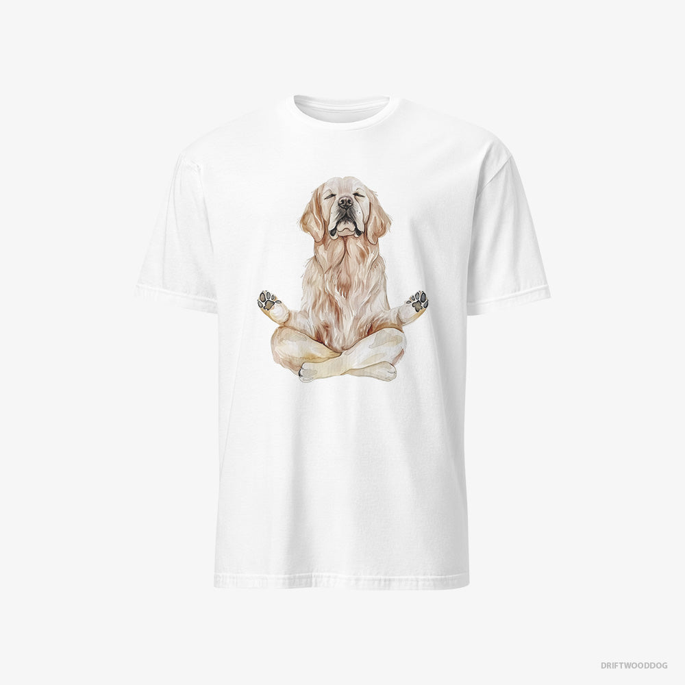 Golden Retriever T-Shirt – Men White T-Shirt Classic – Doing Yoga (on White Background)