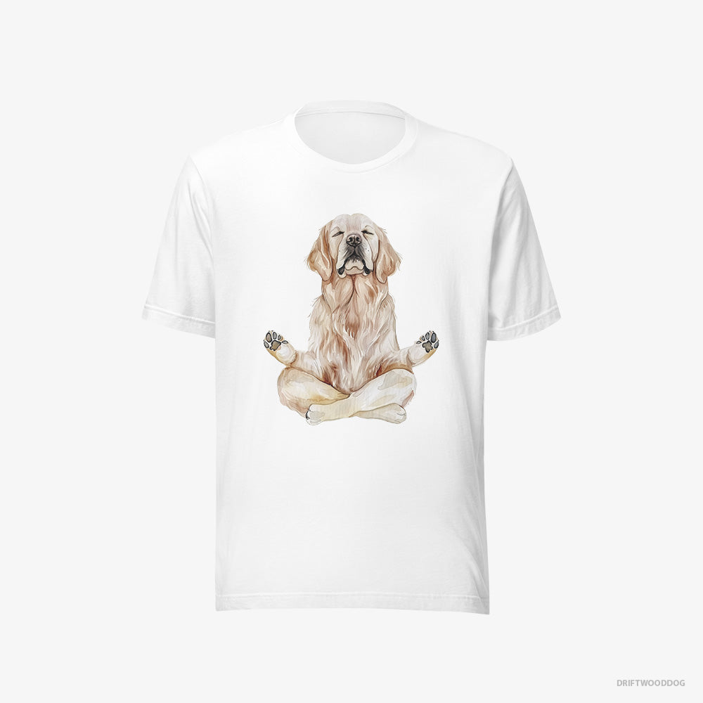 Golden Retriever T-Shirt – Men White T-Shirt Eco-Friendly – Doing Yoga (on White Background)