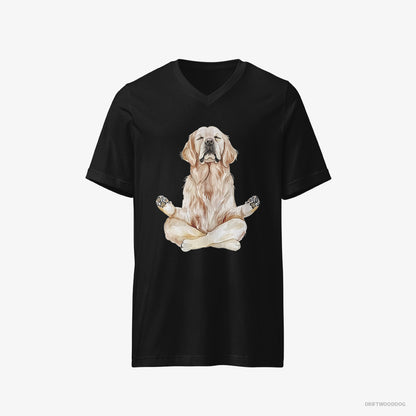 Golden Retriever T-Shirt – Men Black T-Shirt V-Neck – Doing Yoga (on White Background)