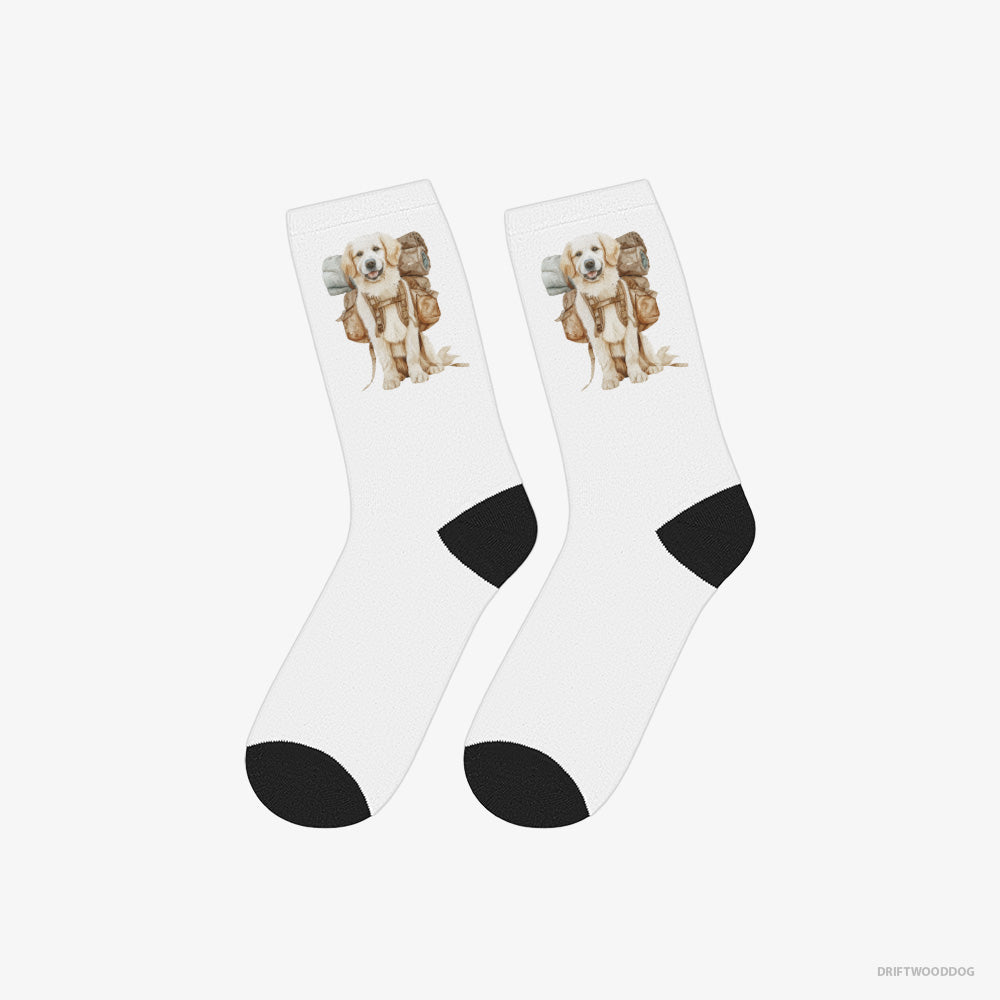 Golden Retriever Socks – Unisex White Socks Classic – Ready to Go Hiking (on White Background)