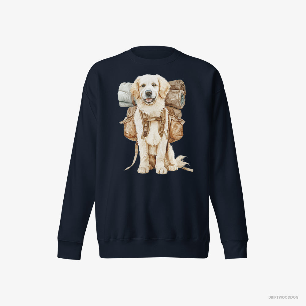 Golden Retriever Sweatshirt – Women Navy Sweatshirt Eco-Friendly – Ready to Go Hiking (on White Background)