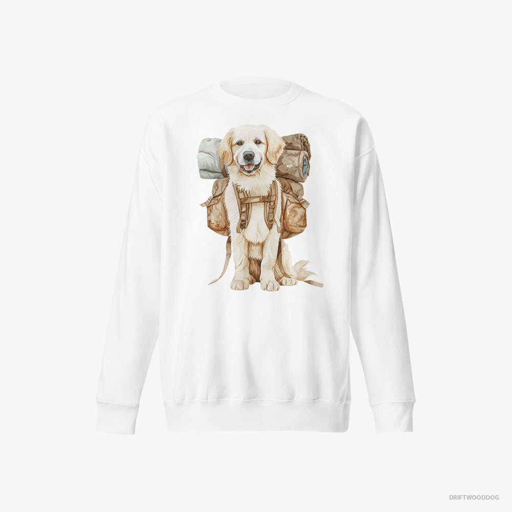 Golden Retriever Sweatshirt – Women White Sweatshirt Eco-Friendly – Ready to Go Hiking (on White Background)