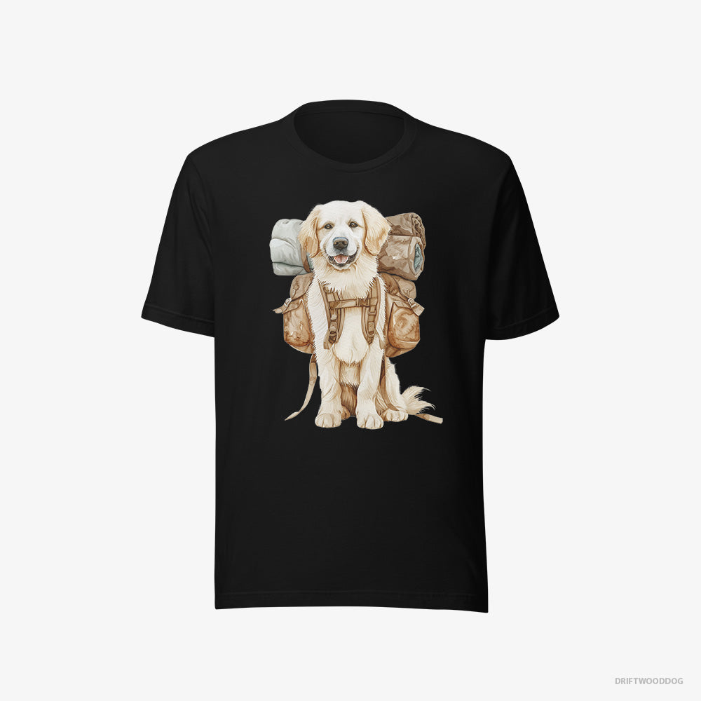 Golden Retriever T-Shirt – Women Black T-Shirt Eco-Friendly – Ready to Go Hiking (on White Background)