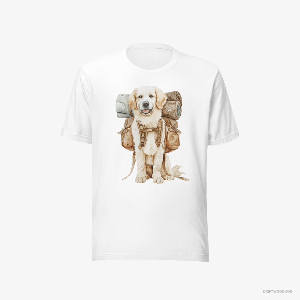 Golden Retriever T-Shirt – Men White T-Shirt Eco-Friendly – Ready to Go Hiking (on White Background)