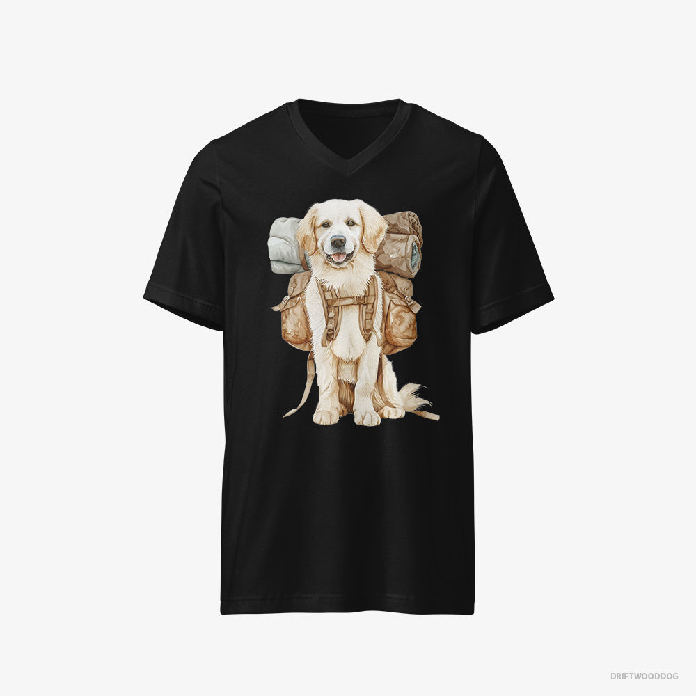 Golden Retriever T-Shirt – Men Black T-Shirt V-Neck – Ready to Go Hiking (on White Background)