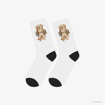 Golden Retriever Socks – Unisex White Socks Classic – with a Backpack (on White Background)