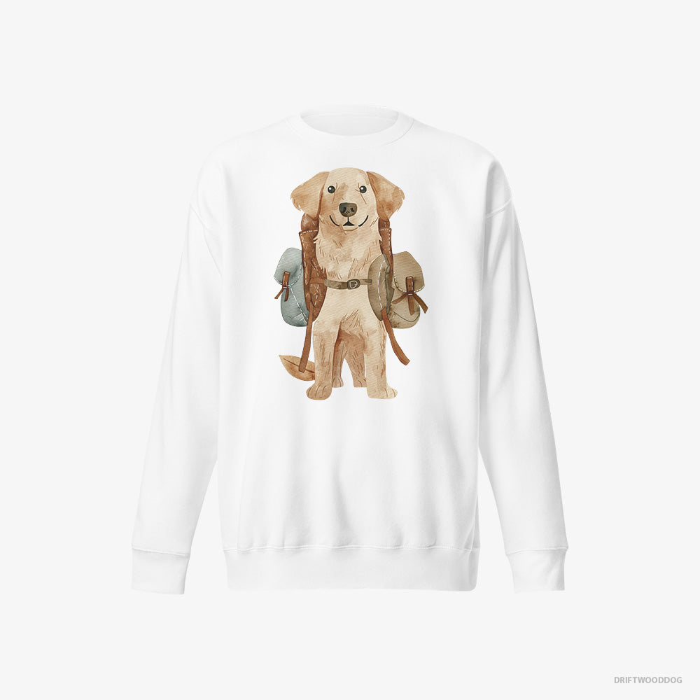 Golden Retriever Sweatshirt – Women White Sweatshirt Eco-Friendly – with a Backpack (on White Background)