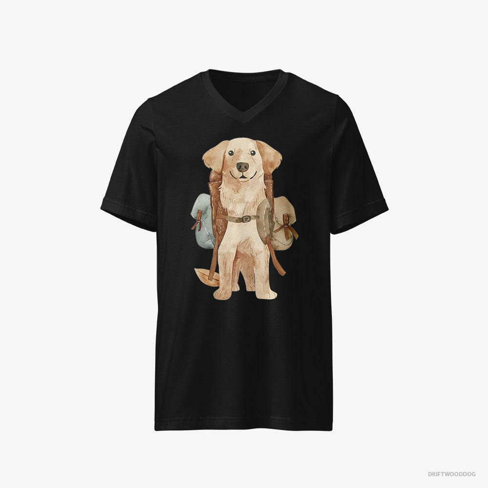 Golden Retriever T-Shirt – Men Black T-Shirt V-Neck – with a Backpack (on White Background)