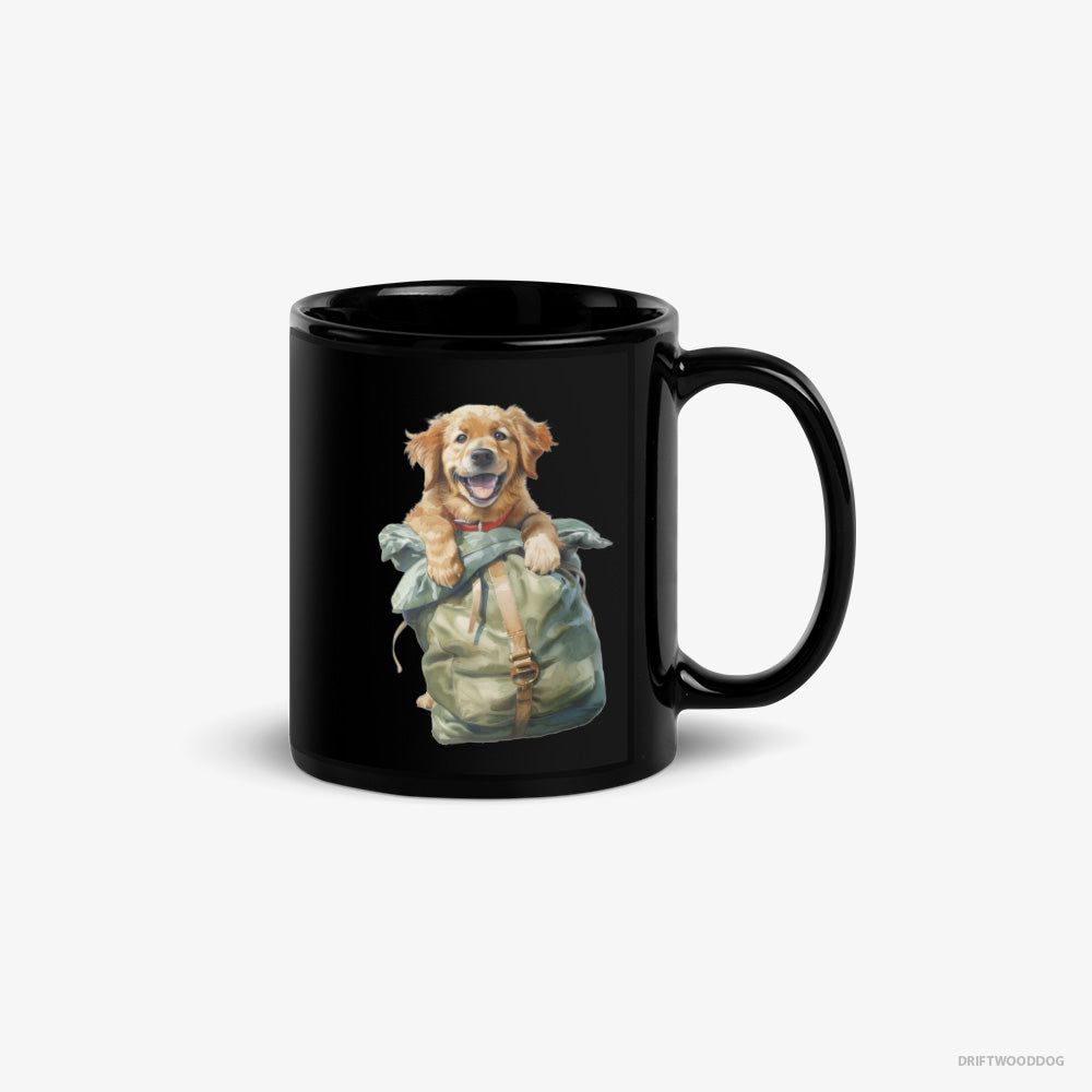 Golden Retriever Mug – Unisex Black Mug Classic – Ready for Hiking (on White Background)