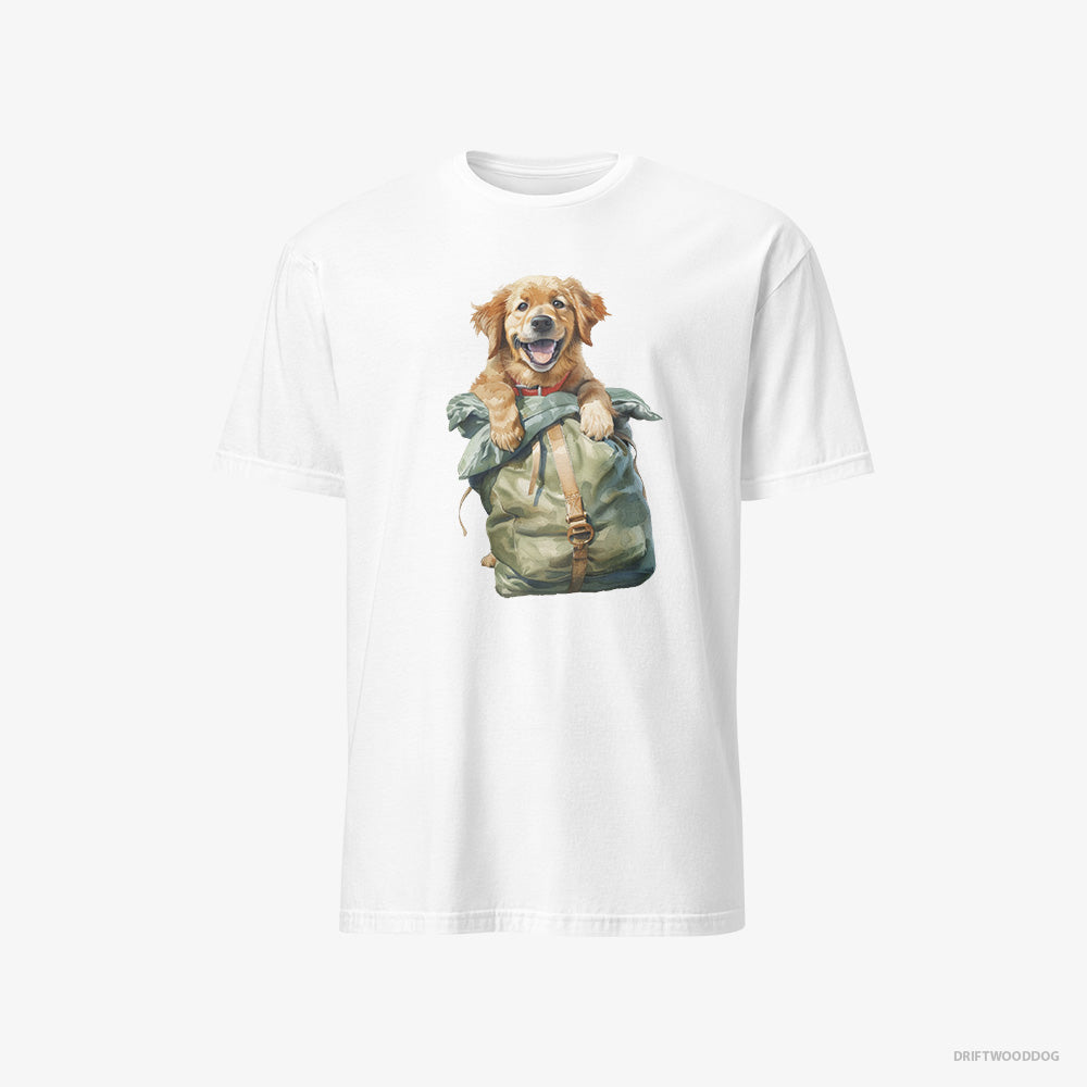 Golden Retriever T-Shirt – Men White T-Shirt Classic – Ready for Hiking (on White Background)