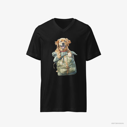 Golden Retriever T-Shirt – Men Black T-Shirt V-Neck – Ready for Hiking (on White Background)