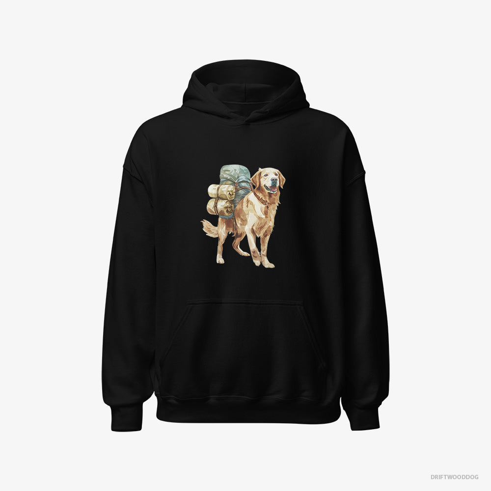 Golden Retriever Hoodie – Men Black Hoodie Classic – Wandering with a Backpack (on White Background)