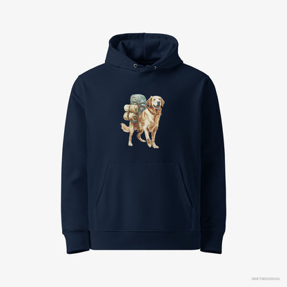 Golden Retriever Hoodie – Men Navy Hoodie Eco-Friendly – Wandering with a Backpack (on White Background)