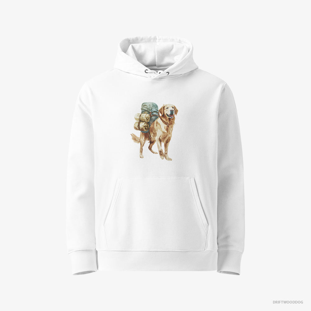 Golden Retriever Hoodie – Women White Hoodie Eco-Friendly – Wandering with a Backpack (on White Background)