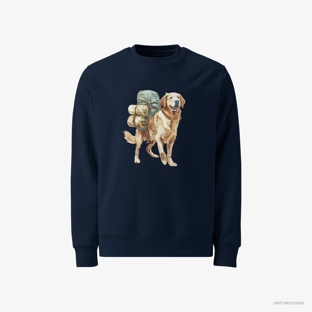 Golden Retriever Sweatshirt – Men Navy Sweatshirt Classic – Wandering with a Backpack (on White Background)