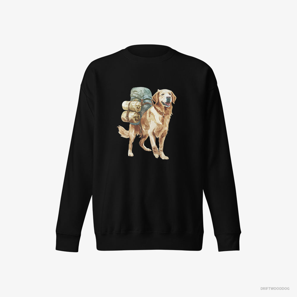 Golden Retriever Sweatshirt – Men Black Sweatshirt Eco-Friendly – Wandering with a Backpack (on White Background)