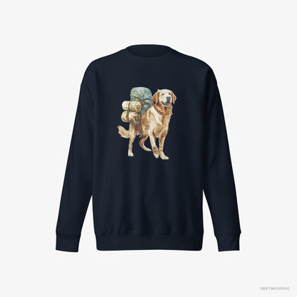 Golden Retriever Sweatshirt – Men Navy Sweatshirt Eco-Friendly – Wandering with a Backpack (on White Background)