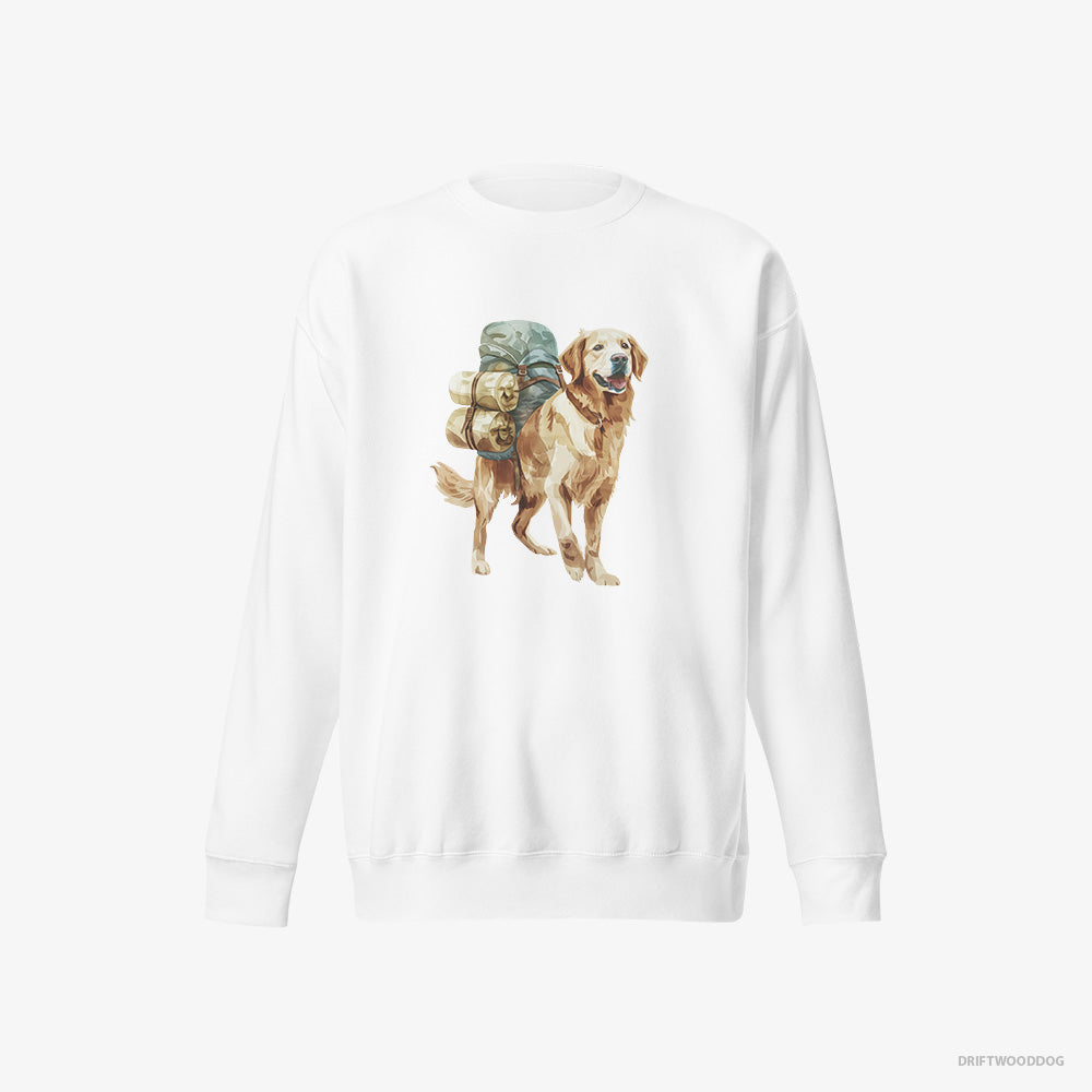 Golden Retriever Sweatshirt – Men White Sweatshirt Eco-Friendly – Wandering with a Backpack (on White Background)